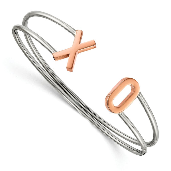 Stainless Steel Polished Rose IP-plated XO Flexible Cuff Bangle