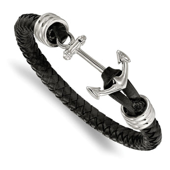 Stainless Steel Polished Black Braided Leather Anchor 8.5in Bracelet