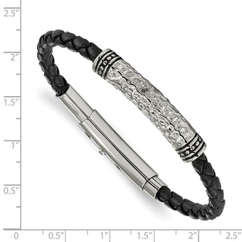 Stainless Steel Antiqued/Polished Hammered Leather Adj. 7.5in to 8in Bracel