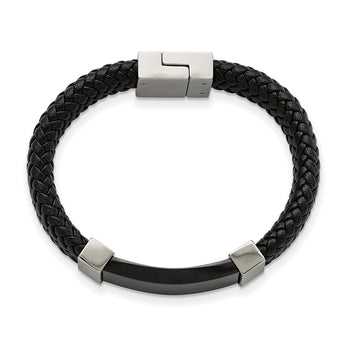 Stainless Steel Polished Black IP-plated with Black Leather 8.5in Bracelet