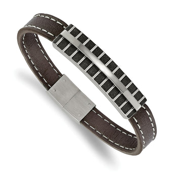 Stainless Steel Polished Black IP Lasercut Brown Leather 8.25in Bracelet