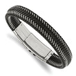 Stainless Steel Polished Black Leather w/Wire Adjust 8in to 8.5in Bracelet