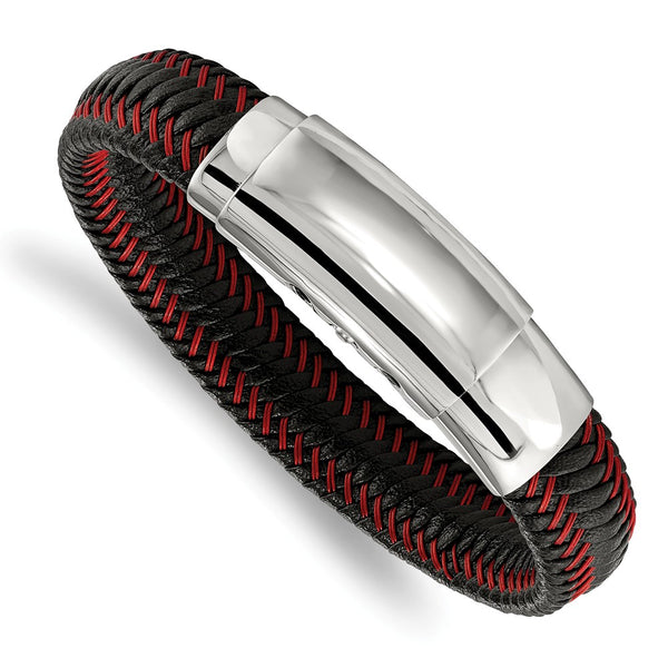 Stainless Steel Polished Blk Leather w/Red Wire Adj 8.25in to 8.75in Bracel