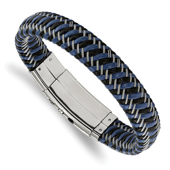 Stainless Steel Polished Black & Blue Leather Adj. 7.75in to 8.25in Bracele