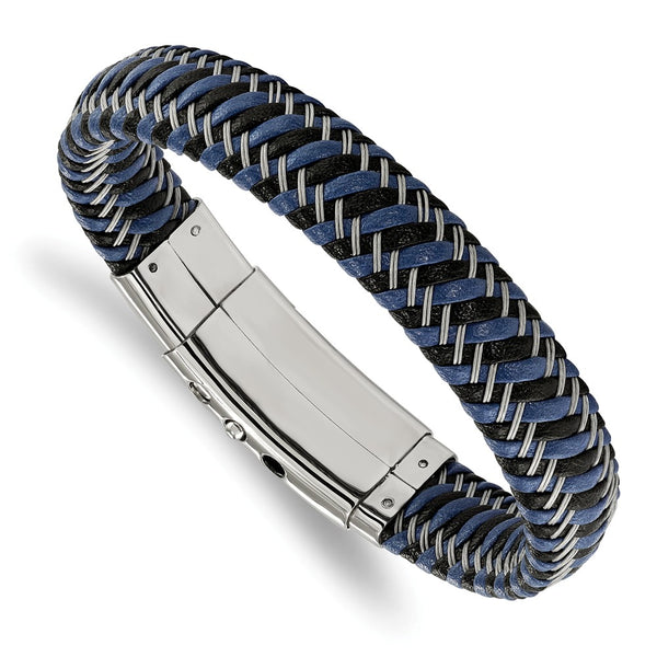 Stainless Steel Polished Black & Blue Leather Adj. 7.75in to 8.25in Bracele