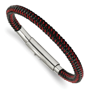 Stainless Steel Polished Black PU w/Red Wire Adj 7.75in to 8.25in Bracelet