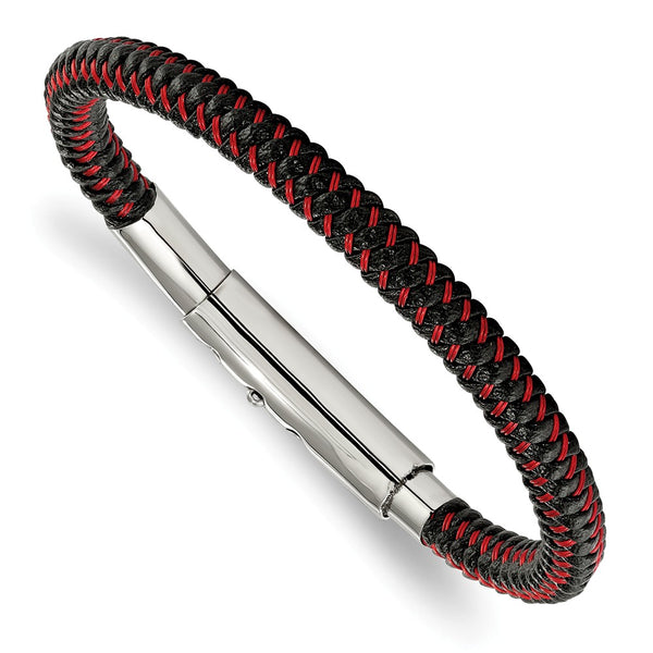 Stainless Steel Polished Black PU w/Red Wire Adj 7.75in to 8.25in Bracelet