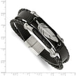 Stainless Steel Polished Black Leather Feather Multi Strand 8.25in Bracelet