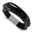 Stainless Steel Brushed Black Genuine Leather Braided Multi 8.25in Bracelet
