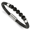 Stainless Steel Polished Black Leather w/Lava Stones 8.75 inch Bracelet