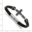 Stainless Steel Brushed Enameled Black Leather Cross 8.75in Bracelet