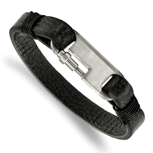 Stainless Steel Brushed Black Genuine Leather 8in Bracelet