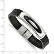 Stainless Steel Polished Weaved Black Genuine Leather 8 inch Bracelet