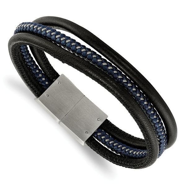 Stainless Steel Brushed Black & Blue Braided Leather Multi 8in Bracelet