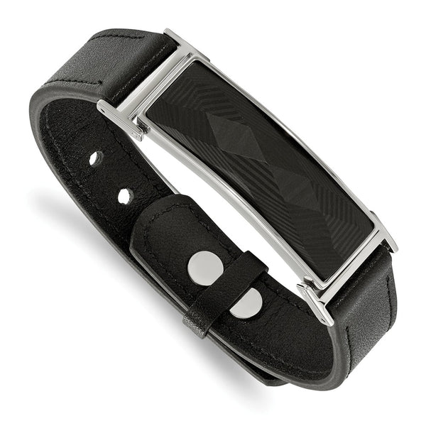 Stainless Steel Leather w/Carbon Fiber Inlay Adj. from 7-9.25in Bracelet