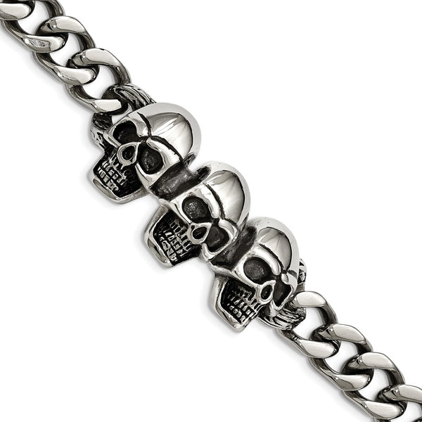 Stainless Steel Polished Antiqued Skull Bracelet