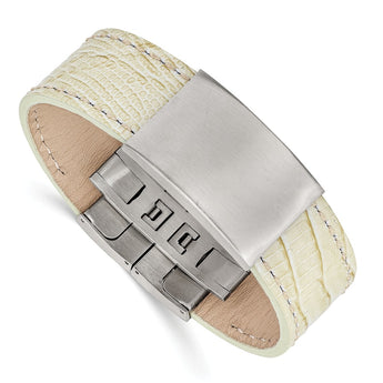 Stainless Steel Brushed White Leather ID Bracelet