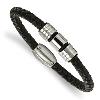 Stainless Steel Polished and Brushed Leather Bracelet