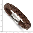 Stainless Steel Polished Braided Brown Leather Bracelet
