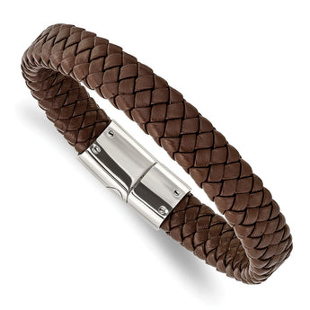 Stainless Steel Polished Braided Brown Leather Bracelet