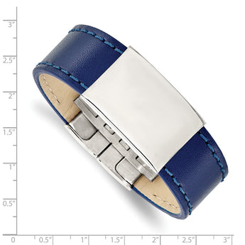 Stainless Steel Polished Blue Leather 8.25in ID Bracelet