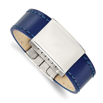 Stainless Steel Polished Blue Leather 8.25in ID Bracelet