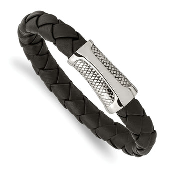 Stainless Steel Polished Black Leather Textured Bracelet