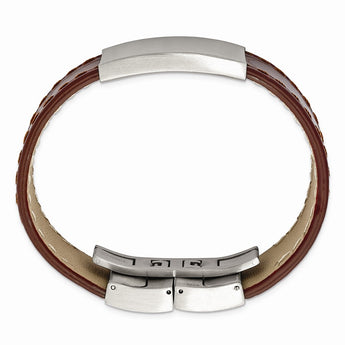 Stainless Steel Brushed Medium Brown Leather ID Bracelet