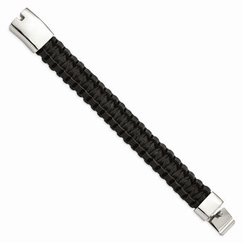 Stainless Steel Polished Flat Braided Black Leather Bracelet