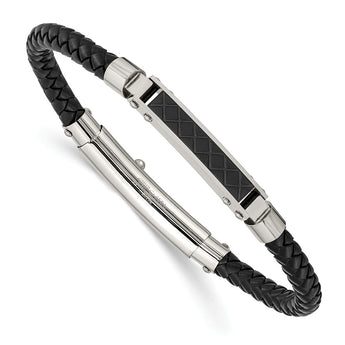 Stainless Steel Polished Black Leather Black IP Adj. Bracelet