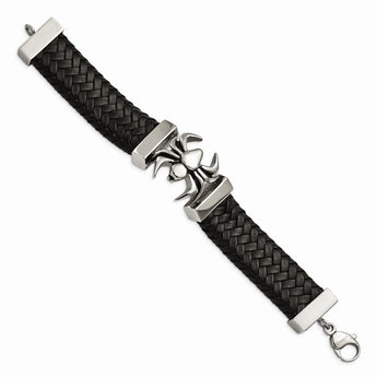 Stainless Steel Polished Antiqued Blk Leather Spider Bracelet