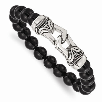 Stainless Steel Polished Antiqued Black Agate Stretch Bracelet