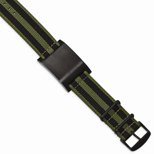 Stainless Steel Brushed Black IP Green Fabric Adj. ID Bracelet