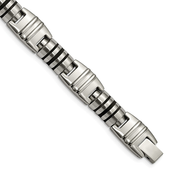 Stainless Steel Brushed and Polished Black Enamel Link Bracelet