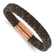 Stainless Steel Polished Rose IP Braided Brown Leather Bracelet
