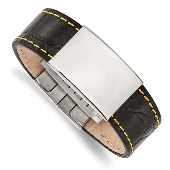 Stainless Steel Polished Black Leather/Yellow Stitch ID Bracelet