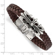 Stainless Steel Polished Antiqued Brown Leather Filigree Bracelet