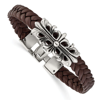 Stainless Steel Polished Antiqued Brown Leather Filigree Bracelet