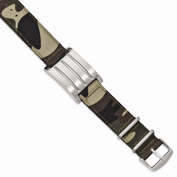 Stainless Steel Brushed and Polished Camo Fabric Adj. ID Bracelet