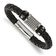 Stainless Steel Polished Black IP Blk Leather Blk Rubber Bracelet