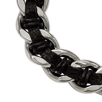 Stainless Steel Polished Blk Leather Antiqued Dragon Head Bracelet