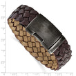 Stainless Steel Antiqued and Brushed Brown Braided Leather 9in Bracelet