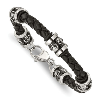 Stainless Steel Polished Antiqued Skull Black Braided Leather Bracelet