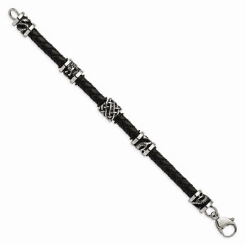 Stainless Steel Polished Antiqued Dragon Black Braided Leather Bracelet