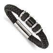 Stainless Steel Brushed/Polished Blk Leather Blk IP Blk Rubber Bracelet