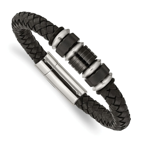 Stainless Steel Brushed/Polished Blk Leather Blk IP Blk Rubber Bracelet