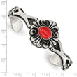 Stainless Steel Polished/Antiqued Flower Red Glass Cuff Bracelet