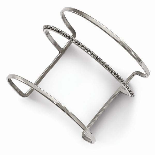 Stainless Steel Polished Beaded Cuff Bangle