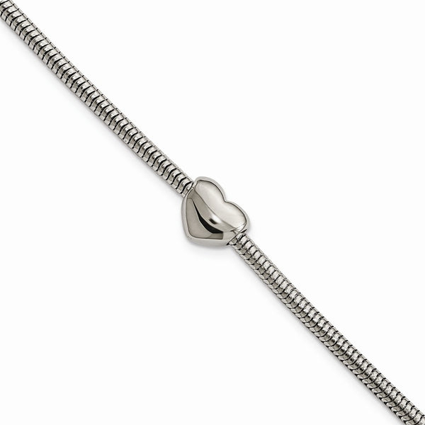 Stainless Steel Polished w/Heart Snake Chain with 1in ext. Bracelet