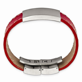Stainless Steel Brushed Red Leather 8in ID Bracelet